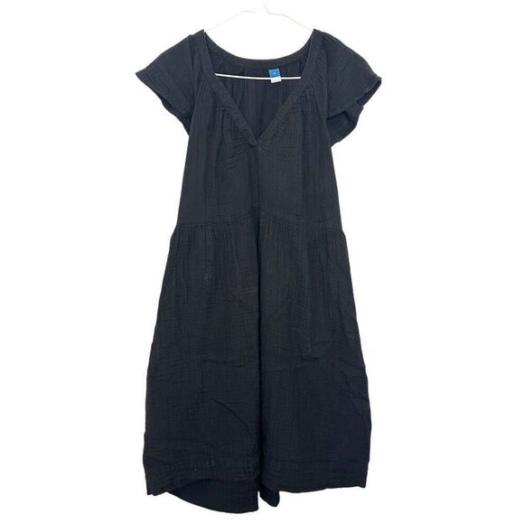 Old Navy V-Neck Short Flutter Sleeve Swing Cotton Black A-Line Dress Size Medium - Picture 2 of 4
